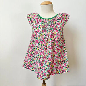 Mini Boden Kelly Green Pink Yellow Floral Print Cap Sleeve Top Smocking 6 - 7